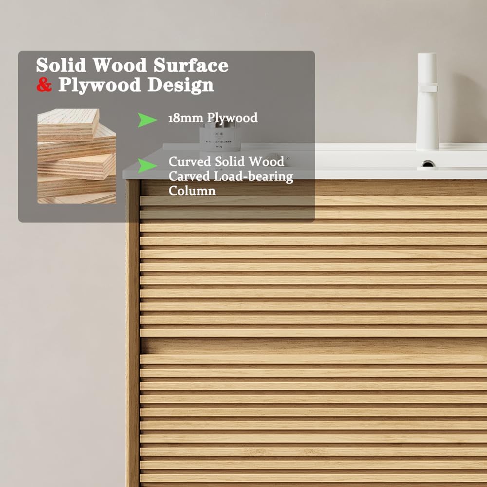 24' Floating Bathroom Vanity with Sink, Wall Mounted Modern Bathroom Cabinet with 2 Soft Close Drawers, Oak & Plywood, Pre-Assembled with Integrated Ceramic Basin – Sedona, Light Oak