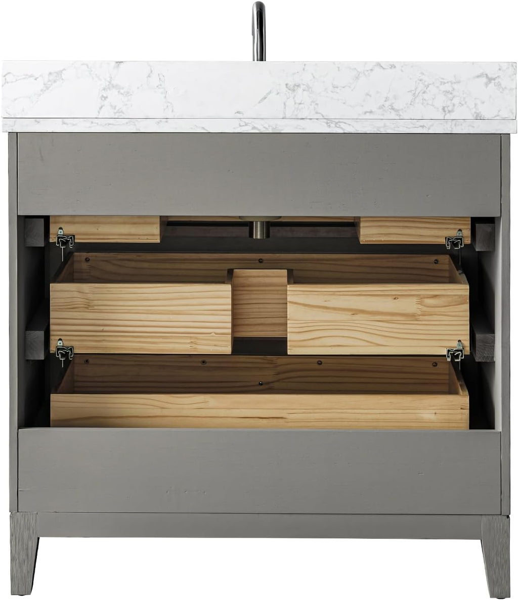 Vanity Art 36' Bathroom Vanity with Single Sink & Arabescato White Engineered Stone Top, Vanity Cabinet with Soft Closing Door, Solid Wood Frame, Brushed Nickel Handles, Driftwood Gray VA8136-DG-BN