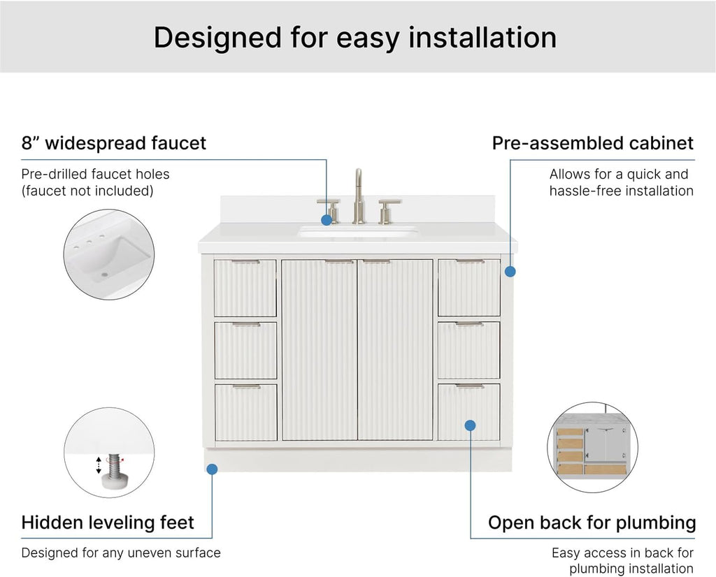 ARIEL Milan 48-inch Bathroom Vanity with Sink,Solid Wood, 1.5-inch Pure White Quartz Countertop & Backsplash, Single Rectangular Porcelain Sink, 2 Soft Closing Doors, 6 Dovetail Drawers, Warm White