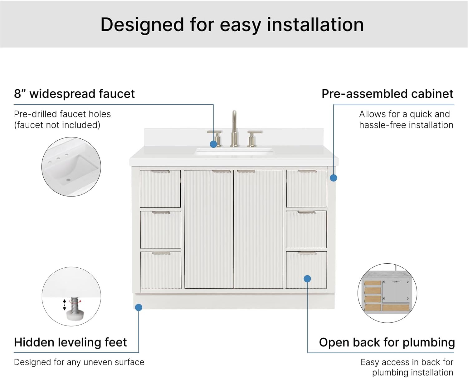 ARIEL Milan 48-inch Bathroom Vanity with Sink,Solid Wood, 1.5-inch Pure White Quartz Countertop & Backsplash, Single Rectangular Porcelain Sink, 2 Soft Closing Doors, 6 Dovetail Drawers, Warm White