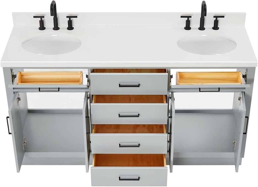 DKB Isabella 66-Inch Grey Double Bathroom Vanity, 1.5-Inch Pure White Quartz Countertop & Backsplash, Two Oval Sinks, 4 Soft Closing Doors, 6 Dovetail Drawers, Toe Kick, Matte Black Hardware