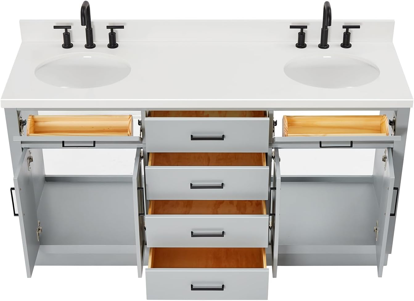 DKB Isabella 66-Inch Grey Double Bathroom Vanity, 1.5-Inch Pure White Quartz Countertop & Backsplash, Two Oval Sinks, 4 Soft Closing Doors, 6 Dovetail Drawers, Toe Kick, Matte Black Hardware