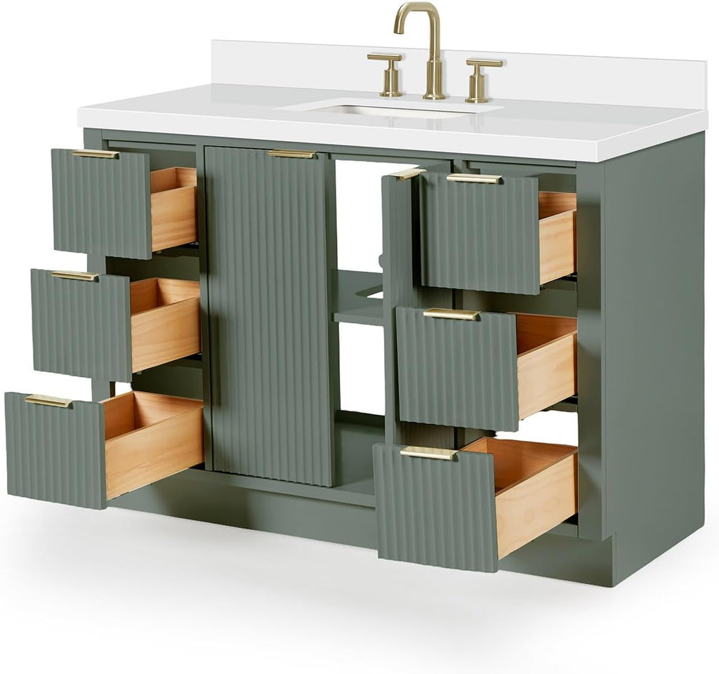 ARIEL Milan 48-inch Bathroom Vanity with Sink,Solid Wood, 1.5-inch Pure White Quartz Countertop, Single Rectangular Porcelain Sink, Soft Closing Doors, Dovetail Drawers, Vintage Green
