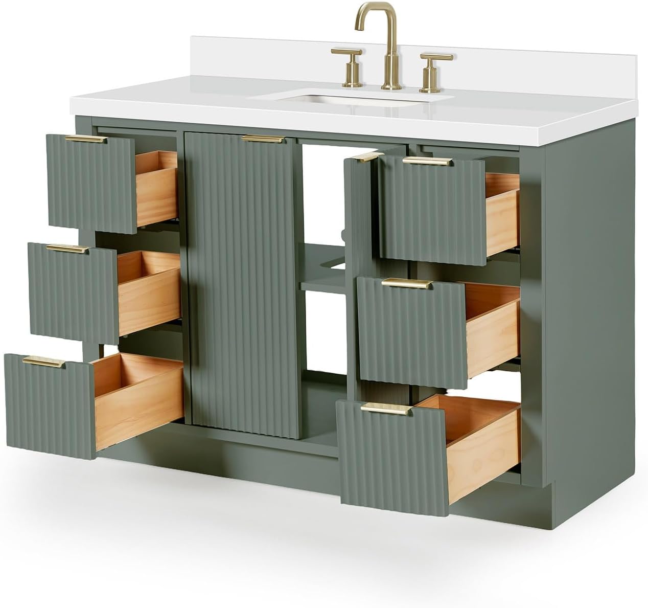 ARIEL Milan 48-inch Bathroom Vanity with Sink,Solid Wood, 1.5-inch Pure White Quartz Countertop, Single Rectangular Porcelain Sink, Soft Closing Doors, Dovetail Drawers, Vintage Green