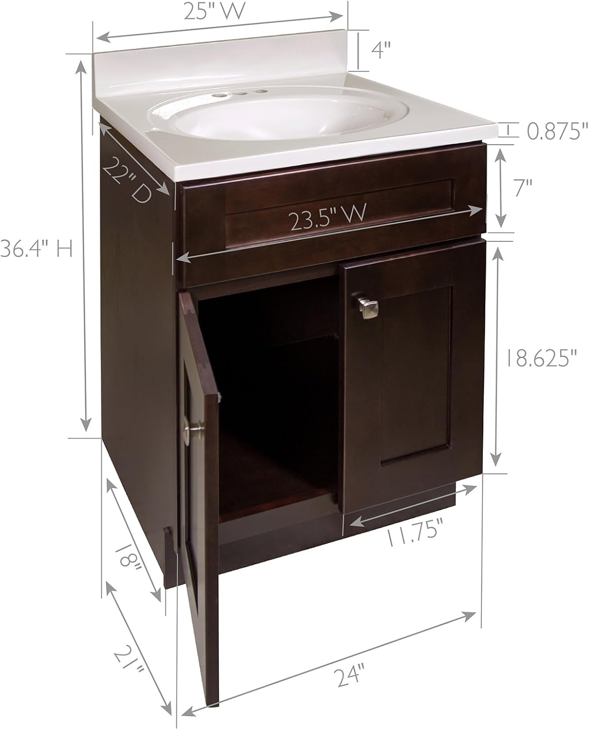 Design House Brookings 25 Inch Bathroom Vanity with Cultured Marble Vanity Top - Unassembled Bathroom Vanity with Sink, Espresso