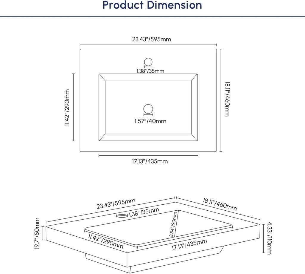 Semi Recessed Bathroom Sink, 23.4 Inch Rectangular Bathroom Vessel Sink, Drop-In Countertop Basin with Single Faucet Hole, Center Drain Assembly for Modern Vanity Cabinet, Gray