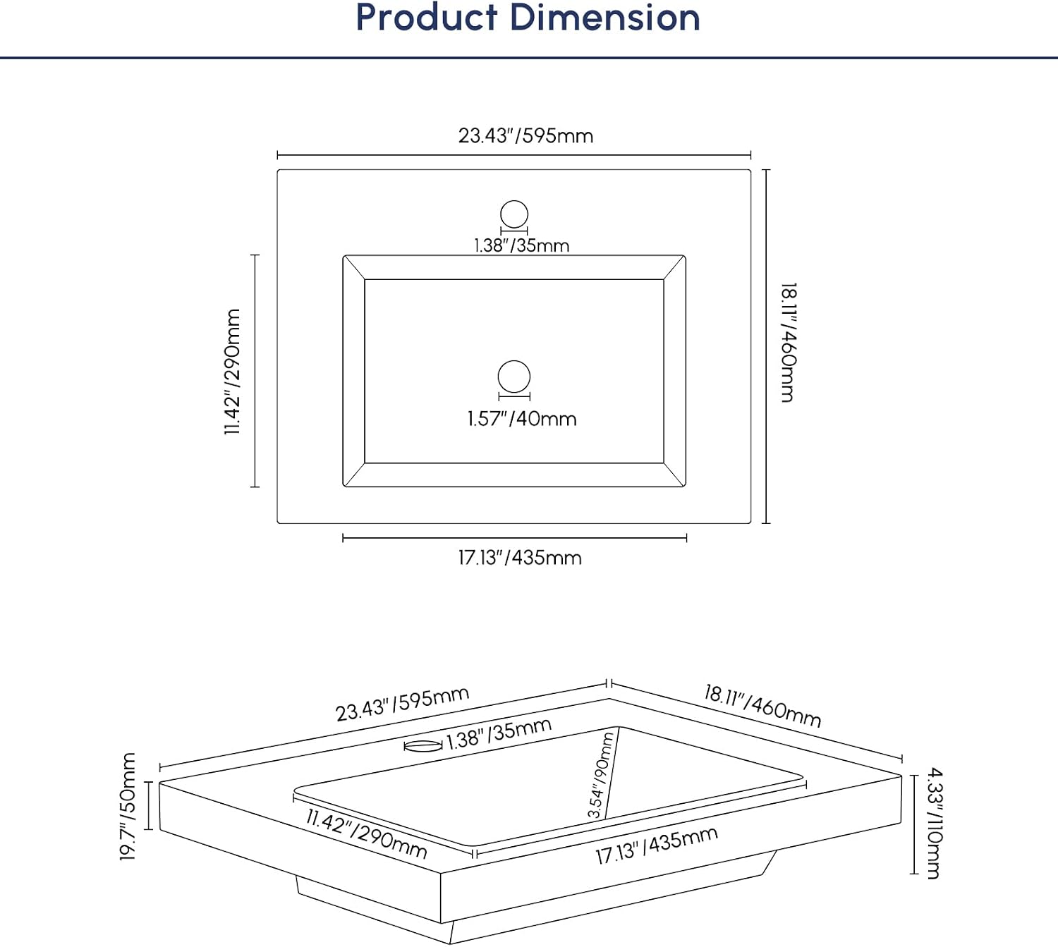 Semi Recessed Bathroom Sink, 23.4 Inch Rectangular Bathroom Vessel Sink, Drop-In Countertop Basin with Single Faucet Hole, Center Drain Assembly for Modern Vanity Cabinet, Gray
