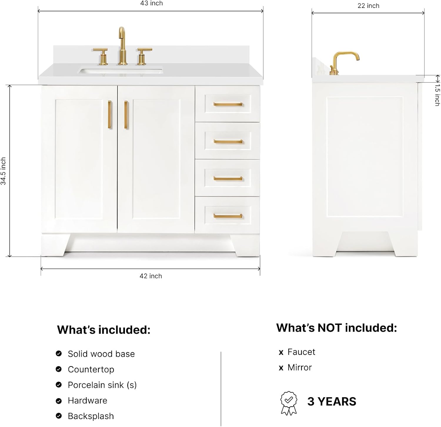 ARIEL Taylor 42-inch Bathroom Vanity with Sink,Solid Wood, 1.5-inch Pure White Quartz Countertop & Backsplash, Single Rectangular Porcelain Sink, 2 Soft Closing Doors, 5 Dovetail Drawers, White