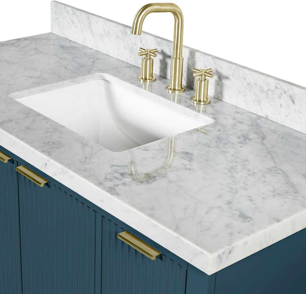 ARIEL Milan 48-inch Bathroom Vanity with Sink,Solid Wood, 1.5-inch Italian Carrara Marble Countertop, Single Rectangular Porcelain Sink, Soft Closing Doors, Dovetail Drawers, Vintage Blue