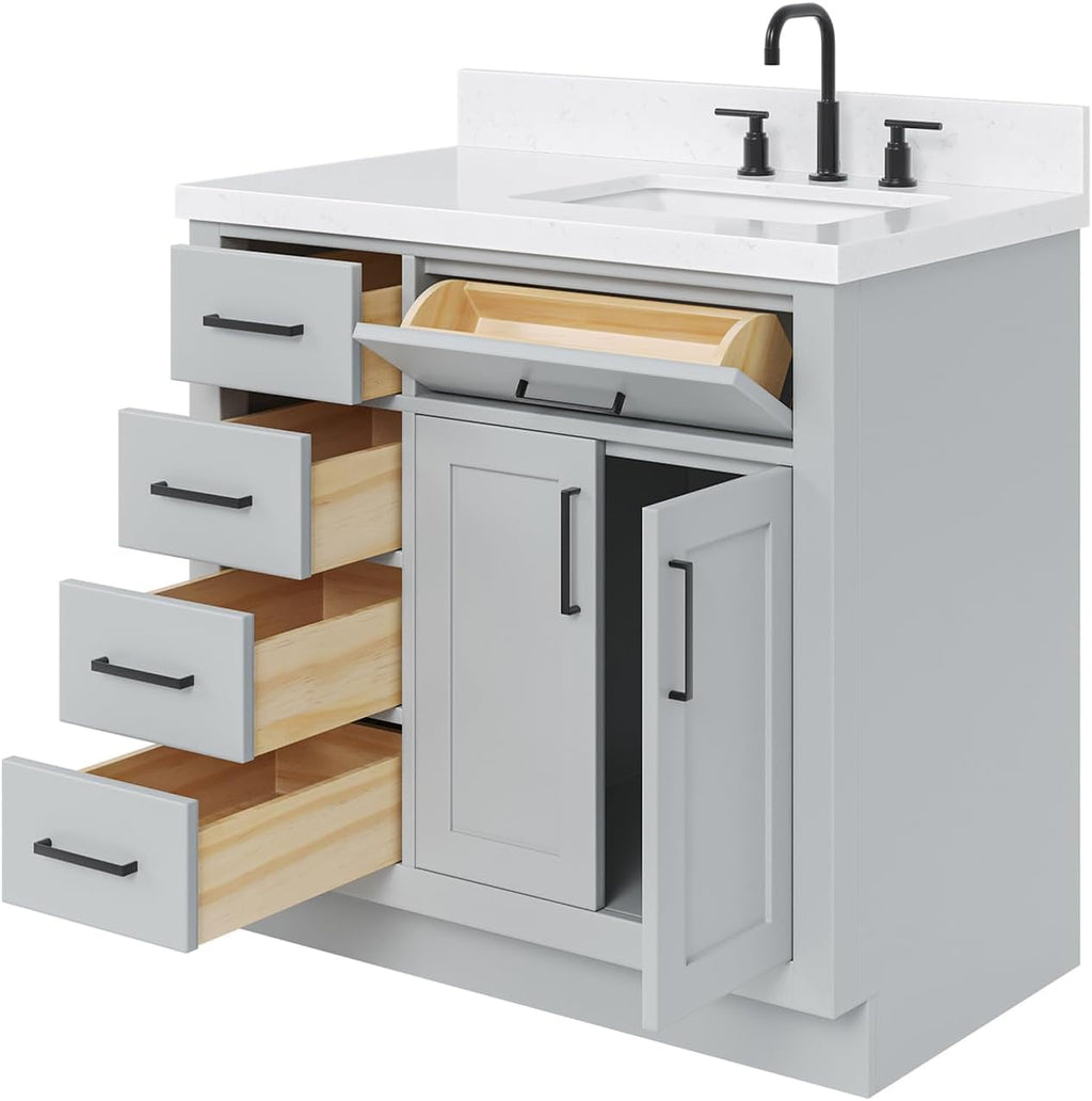 ARIEL Hepburn 36-inch Bathroom Vanity with Sink,Solid Wood, 1.5-inch Carrara White Quartz Countertop & Backsplash, Single Rectangular Porcelain Sink, 2 Soft Closing Doors, 5 Dovetail Drawers, Grey
