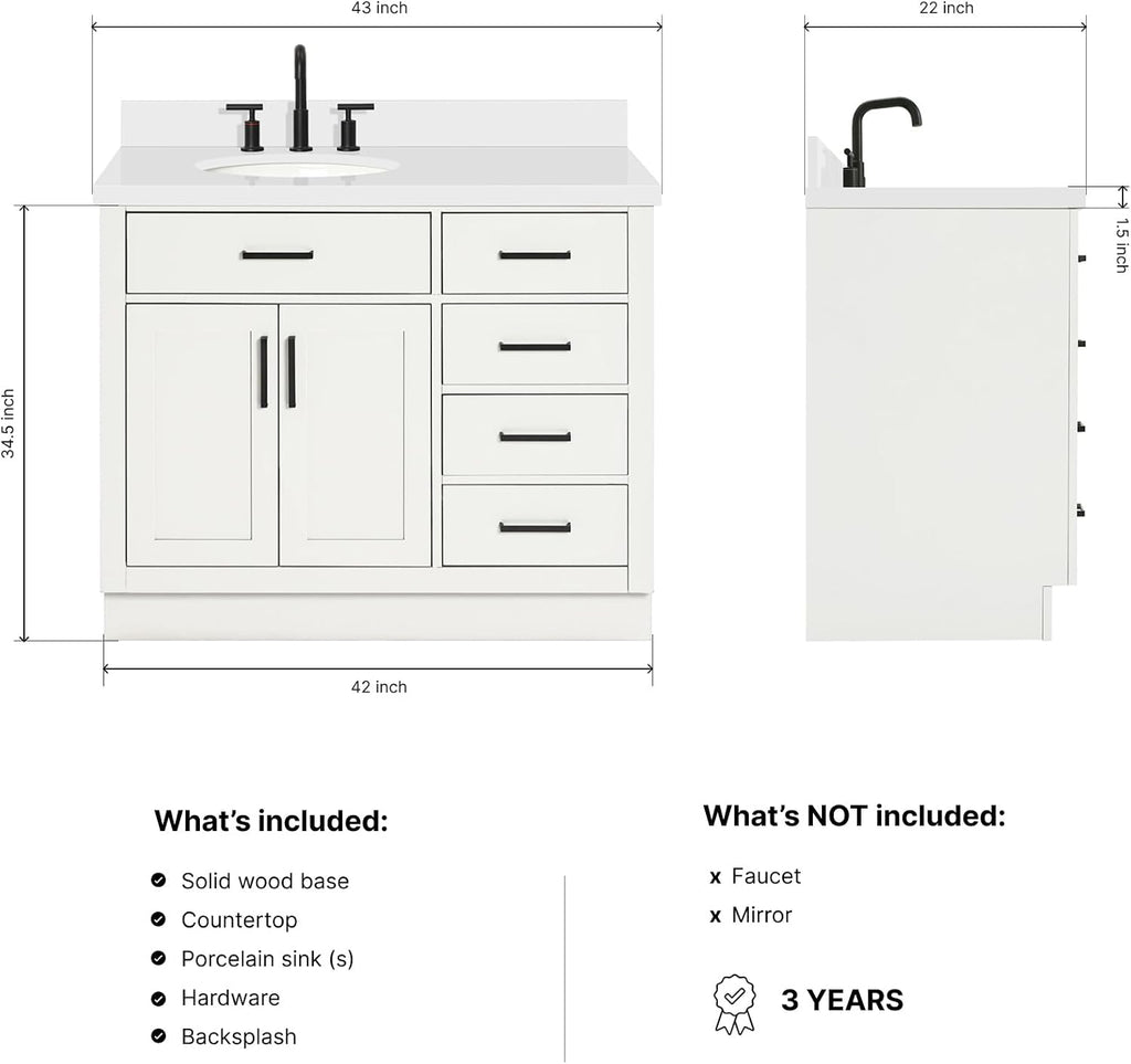 DKB Isabella 42' White Bathroom Vanity with Oval Sink, 1.5' Pure White Quartz Countertop, Solid Wood Frame, 2 Soft-Close Doors, 5 Dovetail Drawers