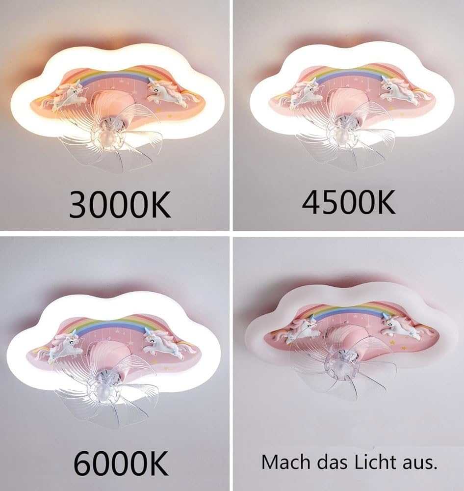 LED Ceiling Light With Fan, Cartoon Rainbow Cloud Fan Light, Remote Control Dimmable Ceiling Fan With Lighting, Modern 360° Rotating Girl's Room Pink Fan Light, 72w Mute Fan Light for Bedroom