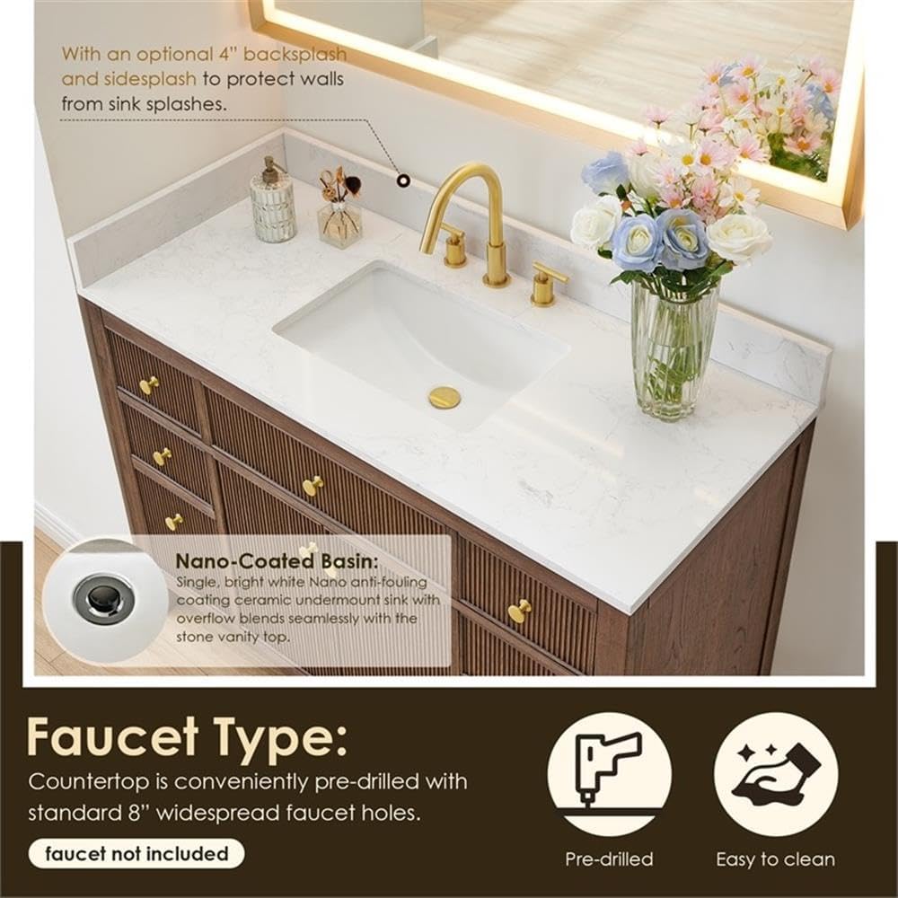 Pemberly Row 48' Wood Bathroom Vanity, Brown Brushed Oak Finish, Grain White Stone Top, Fluted Doors, 7 Drawers, Ceramic Sink, No Mirror Included, Contemporary Style for Bathroom Storage and