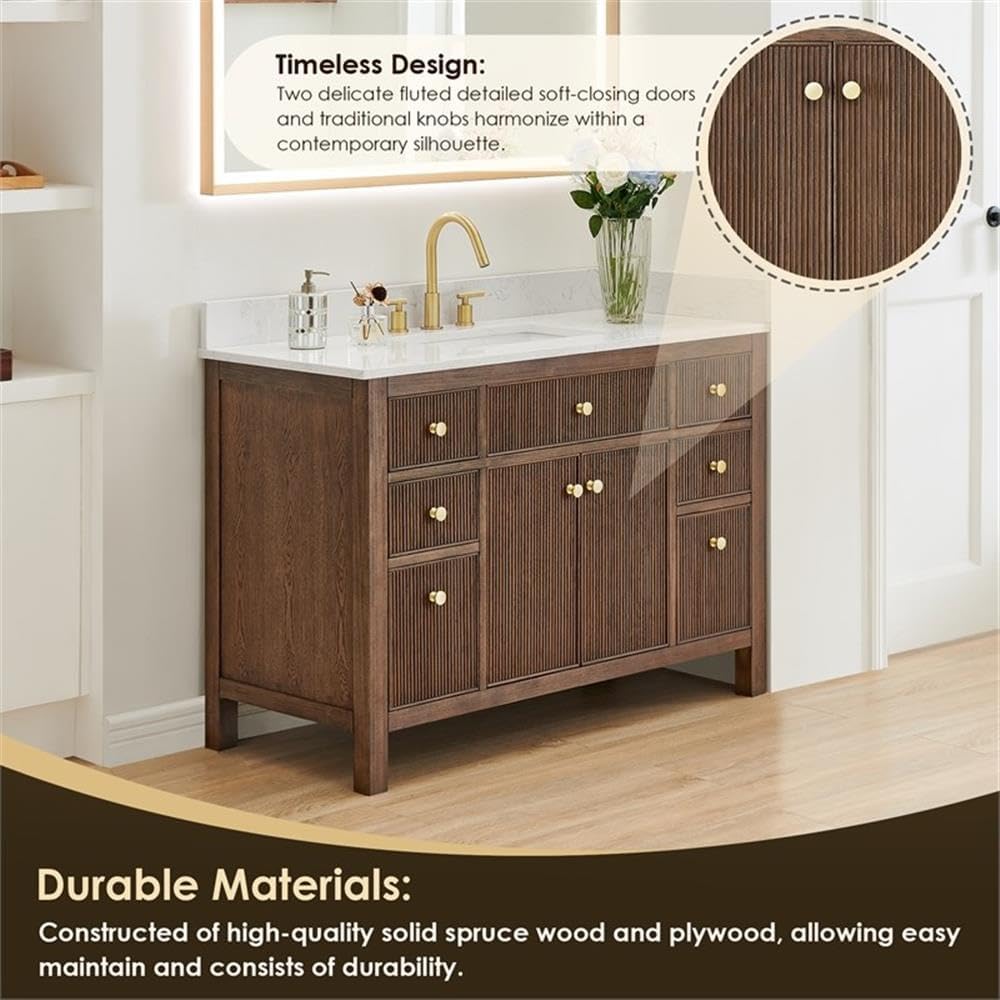 Pemberly Row 48' Wood Bathroom Vanity, Brown Brushed Oak Finish, Grain White Stone Top, Fluted Doors, 7 Drawers, Ceramic Sink, No Mirror Included, Contemporary Style for Bathroom Storage and