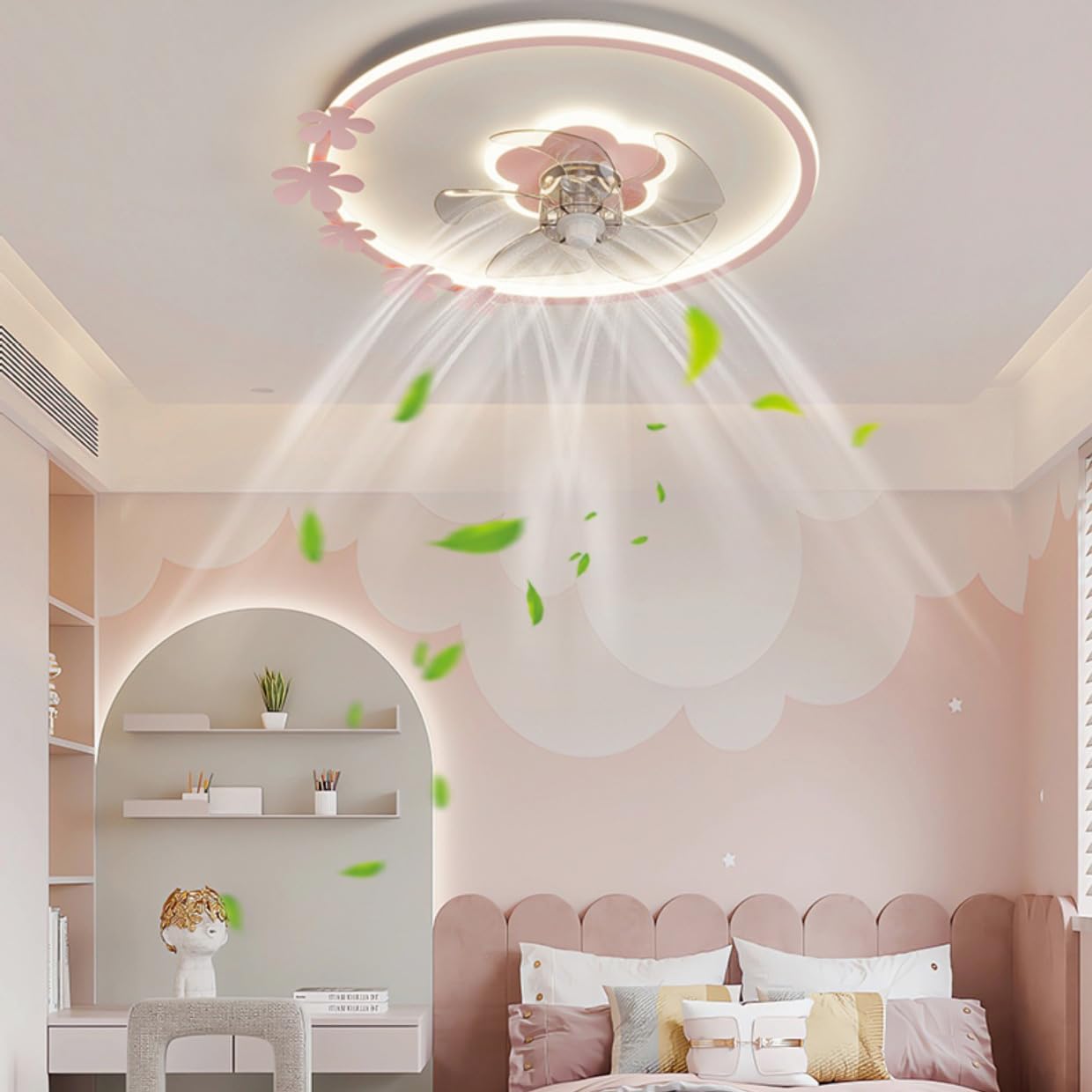 20' Pink Flush Mount Ceiling Fan with Lights Remote Control Girls Ceiling Fan with Lights for Bedroom Flower Shape Timing Dimmable LED Ceiling Fan Light for Kids Room Children Nursery