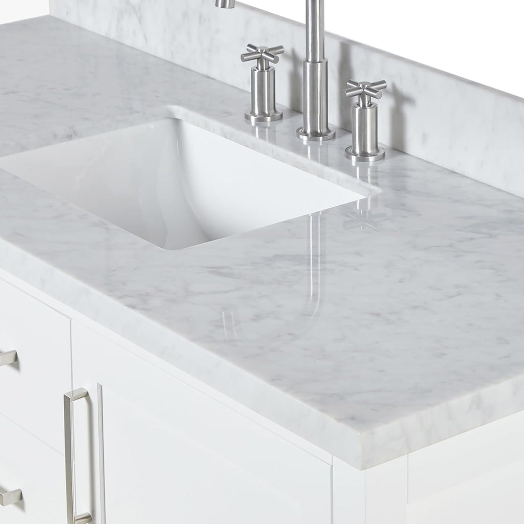 ARIEL Bayhill 48-inch Bathroom Vanity with Sink,Solid Wood, 0.75-inch Italian Carrara Marble Countertop, Single Rectangular Porcelain Sink, 2 Soft Closing Doors, 2 Dovetail Drawers, White
