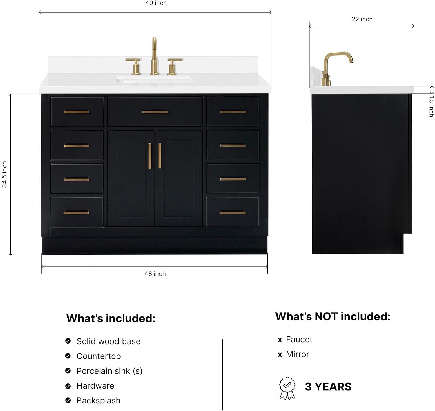 ARIEL Hepburn 48-inch Bathroom Vanity with Sink,Solid Wood, 1.5-inch Pure White Quartz Countertop & Backsplash, Single Rectangular Porcelain Sink, 2 Soft Closing Doors, 9 Dovetail Drawers, Black