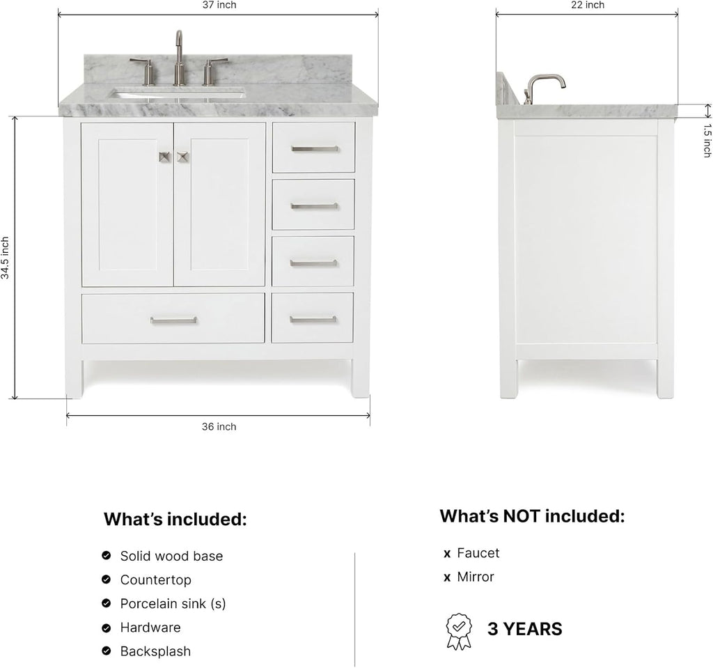 ARIEL Cambridge 36-inch Bathroom Vanity with Sink,Solid Wood, 1.5-inch Italian Carrara Marble Countertop, Single Rectangular Porcelain Sink, 2 Soft Closing Doors, 5 Dovetail Drawers, White