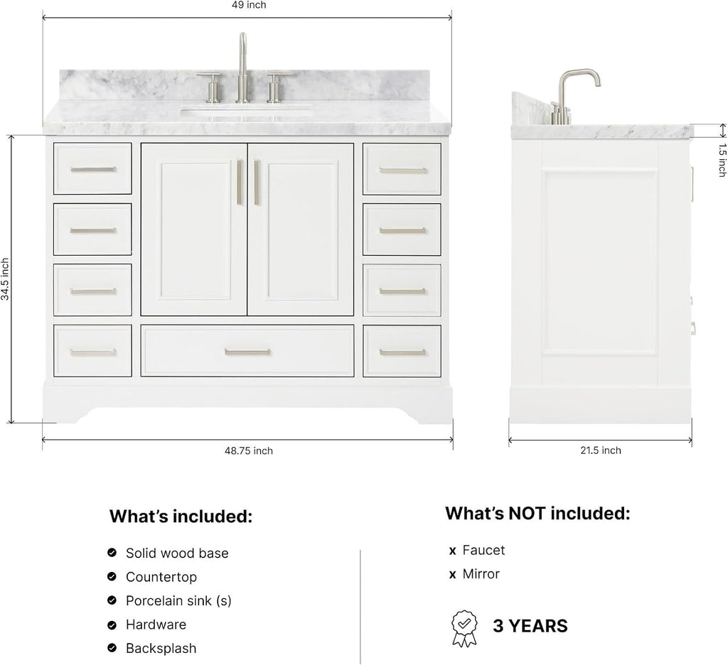 ARIEL Stafford 48-inch Bathroom Vanity with Sink,Solid Wood, 1.5-inch Italian Carrara Marble Countertop, Single Rectangular Porcelain Sink, 2 Soft Closing Doors, 9 Dovetail Drawers, White