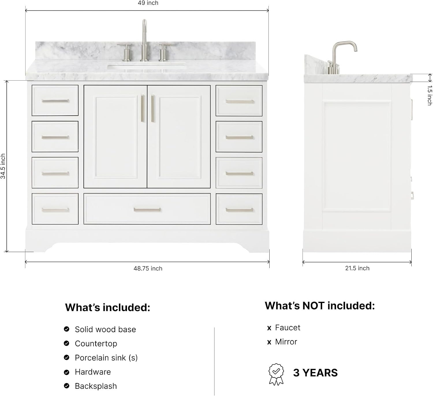 ARIEL Stafford 48-inch Bathroom Vanity with Sink,Solid Wood, 1.5-inch Italian Carrara Marble Countertop, Single Rectangular Porcelain Sink, 2 Soft Closing Doors, 9 Dovetail Drawers, White