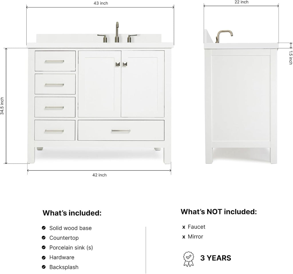 ARIEL Cambridge 42-inch Bathroom Vanity with Sink,Solid Wood, 1.5-inch Pure White Quartz Countertop & Backsplash, Single Rectangular Porcelain Sink, 2 Soft Closing Doors, 5 Dovetail Drawers, White