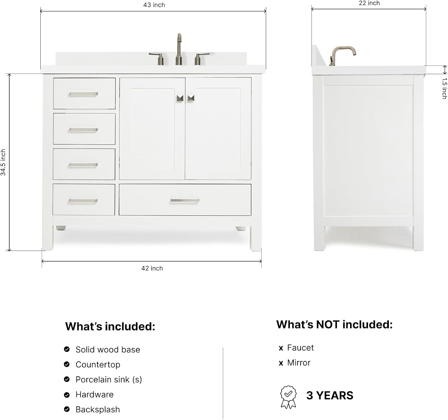 ARIEL Cambridge 42-inch Bathroom Vanity with Sink,Solid Wood, 1.5-inch Pure White Quartz Countertop & Backsplash, Single Rectangular Porcelain Sink, 2 Soft Closing Doors, 5 Dovetail Drawers, White