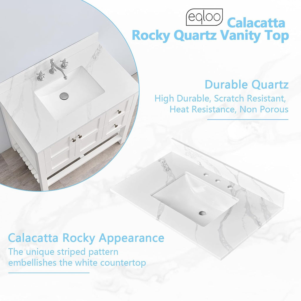 36 in. W x 22 in D Quartz Vanity Top in Calacatta Rocky, Vanity Sink Top with Assembled Single Drop-in Sink, Pre-Drilled Widespread Faucet Holes Countertop with 4' H Backsplash