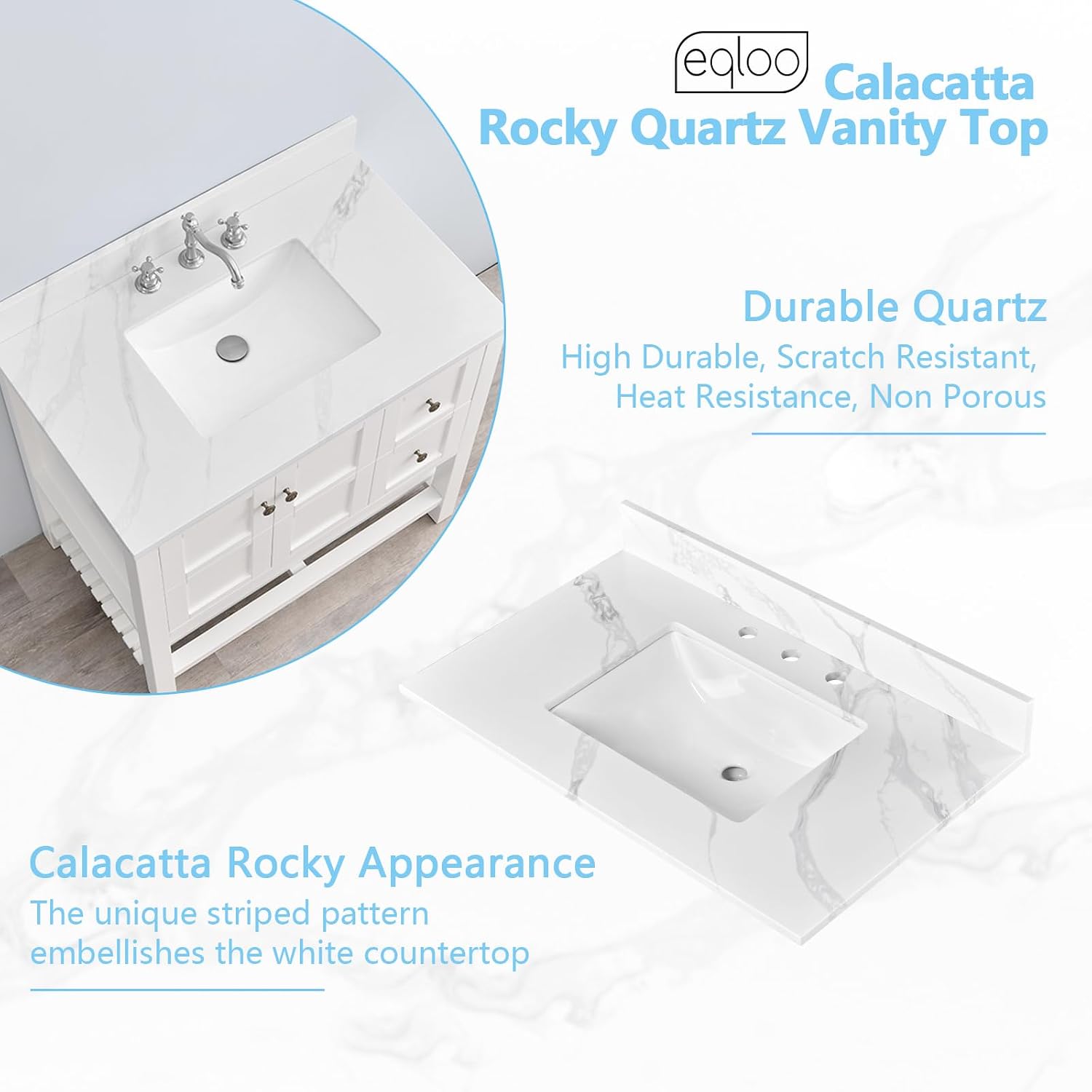 36 in. W x 22 in D Quartz Vanity Top in Calacatta Rocky, Vanity Sink Top with Assembled Single Drop-in Sink, Pre-Drilled Widespread Faucet Holes Countertop with 4' H Backsplash