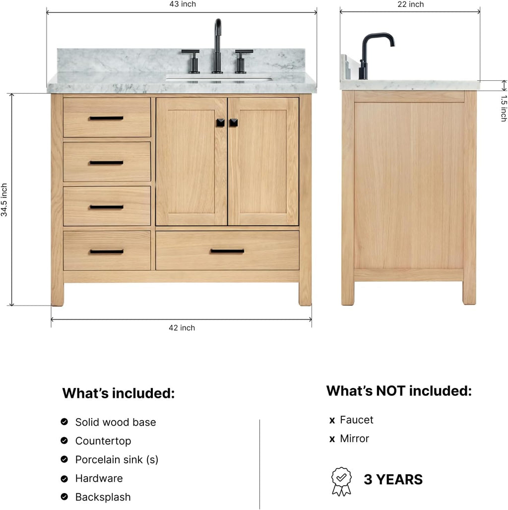 DKB Beckford 42-Inch Oak Bathroom Vanity with Sink, Italian Carrara Marble Countertop & 4' Backsplash, Soft Closing Door & Drawer, Matte Black Hardware
