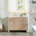 Pemberly Row 42' Wood Bathroom Vanity, Natural Oak Finish, Stone Top, Fluted 2-Door Design, 4 Drawers, Ceramic Sink, Pre-Drilled Faucet Holes, Contemporary Style, Storage for Bathroom Essentials