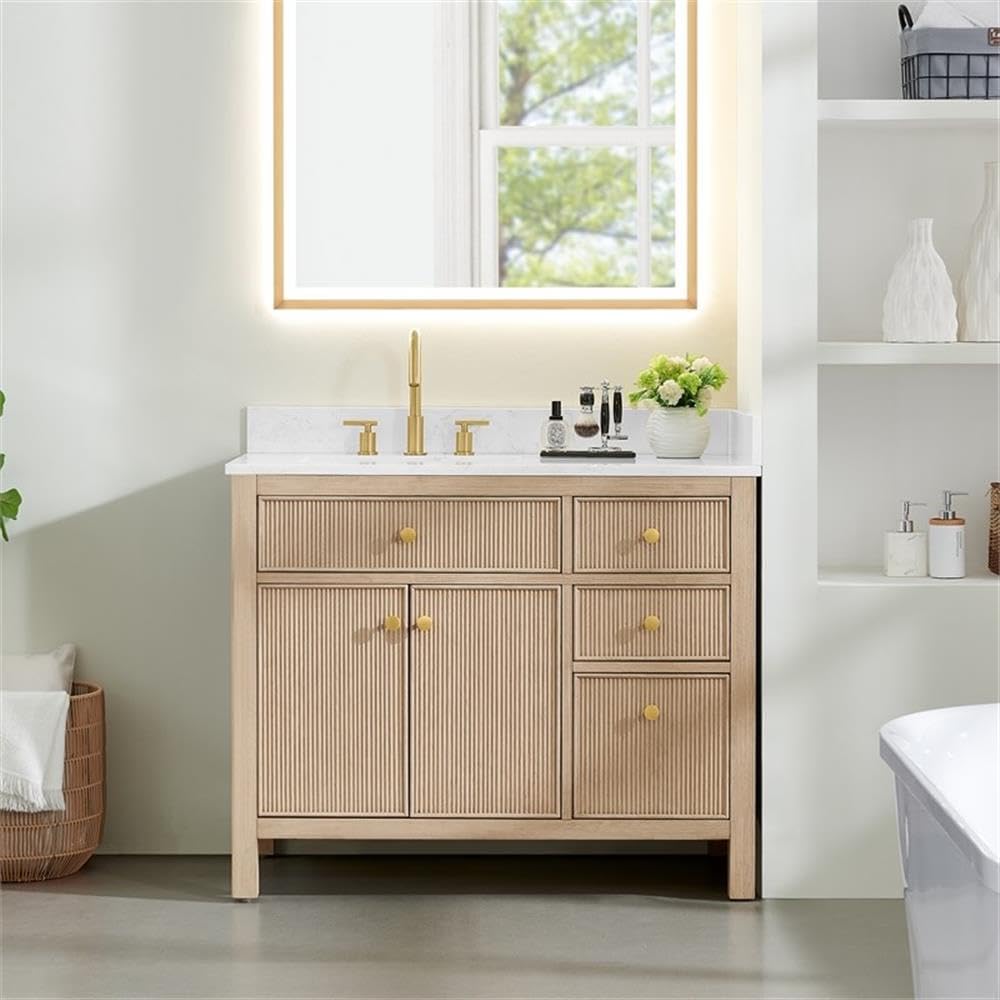 Pemberly Row 42' Wood Bathroom Vanity, Natural Oak Finish, Stone Top, Fluted 2-Door Design, 4 Drawers, Ceramic Sink, Pre-Drilled Faucet Holes, Contemporary Style, Storage for Bathroom Essentials