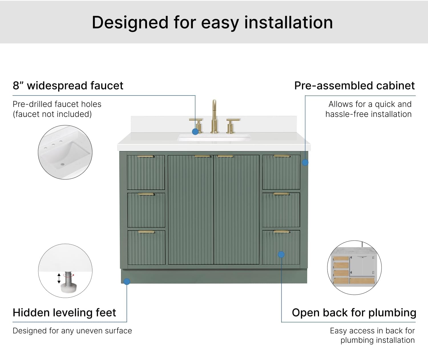 ARIEL Milan 48-inch Bathroom Vanity with Sink,Solid Wood, 1.5-inch Pure White Quartz Countertop, Single Rectangular Porcelain Sink, Soft Closing Doors, Dovetail Drawers, Vintage Green