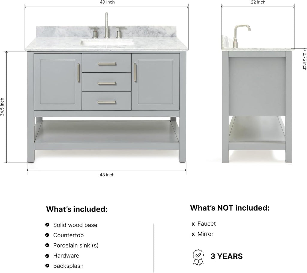 ARIEL Bayhill 48-inch Bathroom Vanity with Sink,Solid Wood, 0.75-inch Italian Carrara Marble Countertop, Single Rectangular Porcelain Sink, 2 Soft Closing Doors, 2 Dovetail Drawers, Grey