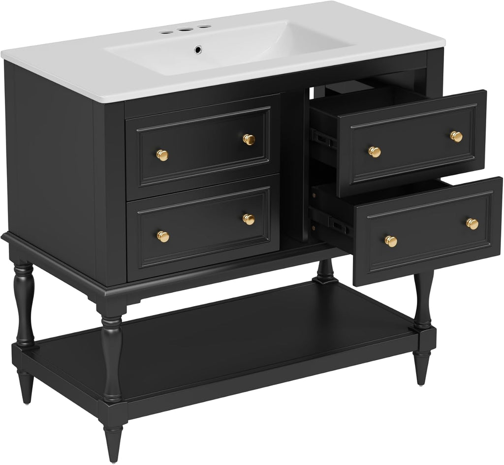 Virubi 36'' Bathroom Vanity with Single Sink, Freestanding Sink Cabinet with 4 Drawers and Open Shelf, Solid Wood Frame Bathroom Storage Cabinet