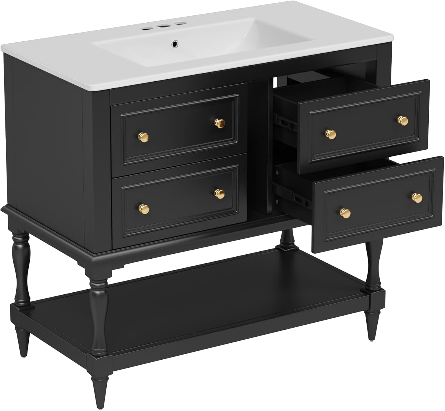 Virubi 36'' Bathroom Vanity with Single Sink, Freestanding Sink Cabinet with 4 Drawers and Open Shelf, Solid Wood Frame Bathroom Storage Cabinet