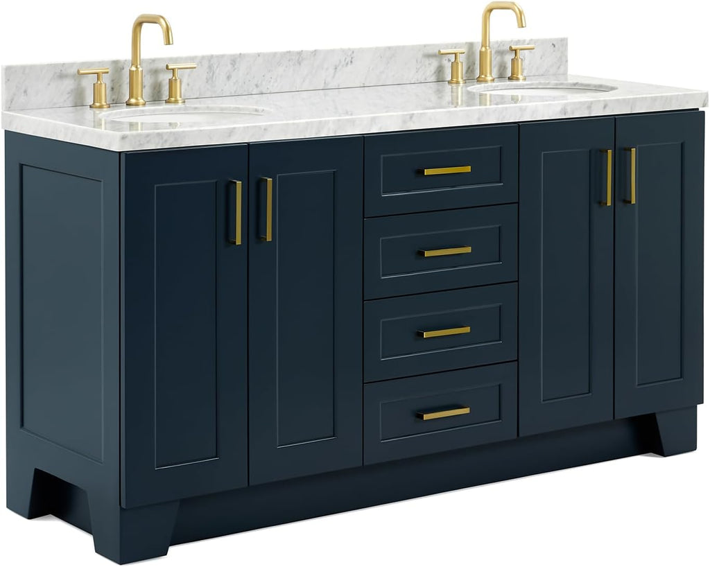 ARIEL Taylor 66-inch Bathroom Vanity with Sink,Solid Wood, 1.5-inch Italian Carrara Marble Countertop, Double Oval Porcelain Sink, 4 Soft Closing Doors, 5 Dovetail Drawers, Midnight Blue