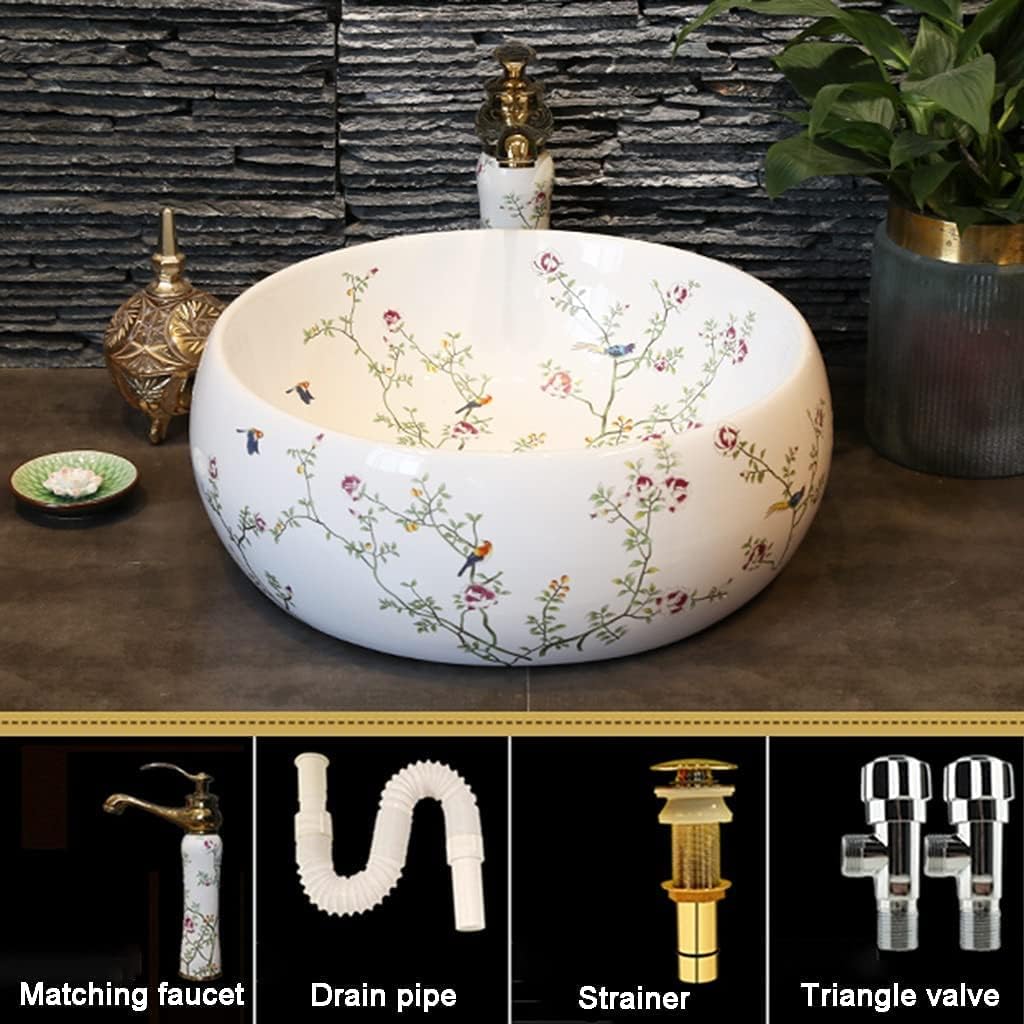 Bathroom Bar Vanity Vessel Sinks Above Counter Vanity Sink Tops Chinese Ceramic Lowes Bathroom Vanities Individual Flower and Bird Art Basin,42 * 15Cm,Whiteset,42 * 15cm