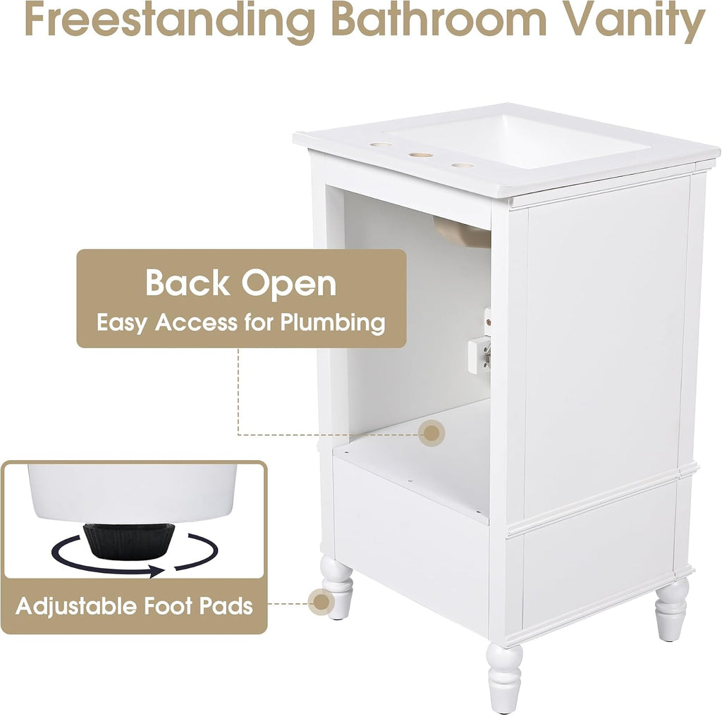 VilroCaz 20' Bathroom Vanity with Sink, Freestanding Bathroom Storage Cabinet with 2 Doors, a Drawer, Magnetic Door Stopper, Solid Wood Legs and Adjustable Foot Pads (White-10.10)