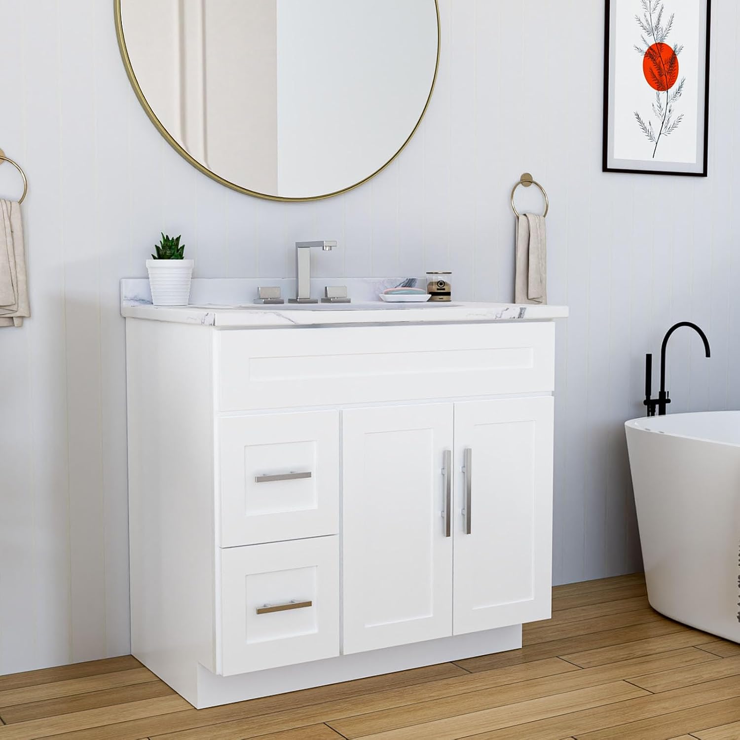 KitchenMan Bathroom Vanity 36 Inch Unassembled Bathroom Sink Cabinet with 2 Shaker Drawers and Vanity for Bathroom, White (Handles and Sink Basin Not Included)
