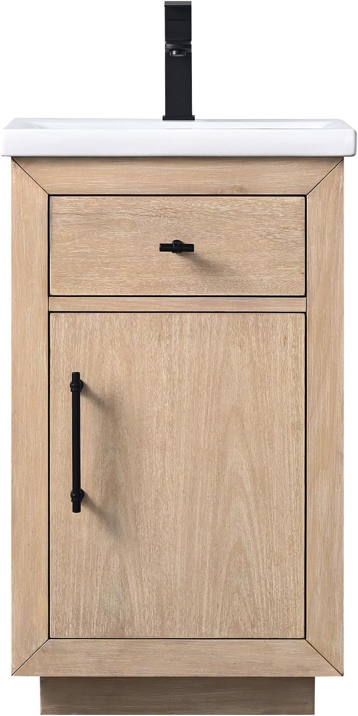 HOMEBEYOND 20 Inch Bathroom Vanity with Single Sink & Ceramic Top, MDF Material Vanity Cabinet with Basin Combo, Soft-Closing Doors, Removable Shelf, Backsplash