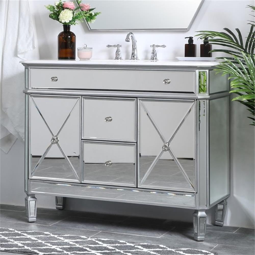 Pemberly Row 42' Marble Top Mirrored Bathroom Vanity, Antique Silver Finish, Rubberwood and MDF Base, Carrara White Marble Countertop, Porcelain Sink, Soft Close Drawers, 2 Doors, Free-Standing Design