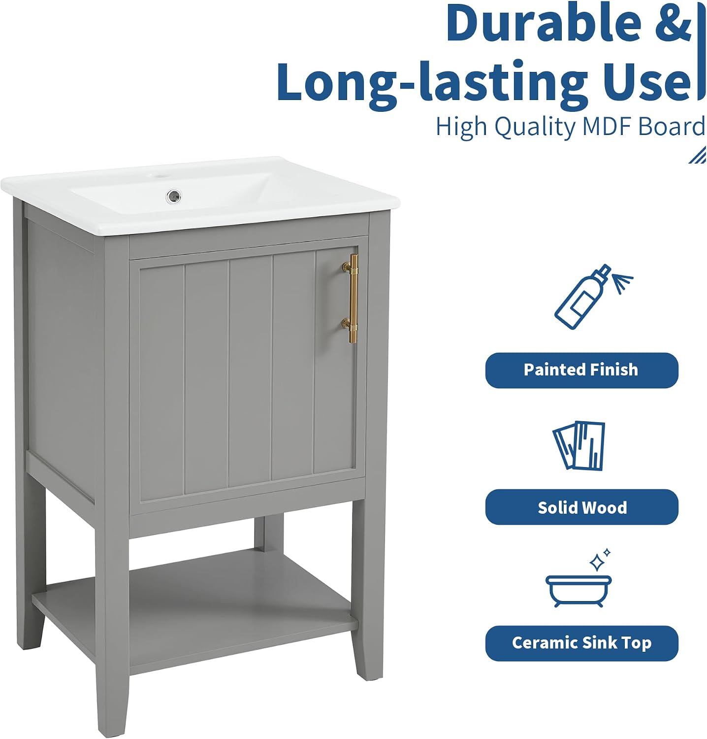 20' Bathroom Vanity Cabinet with Ceramic Sink Top Set, Freestanding, Two-Tier Storage Rack, Soft Closing Door, Grey