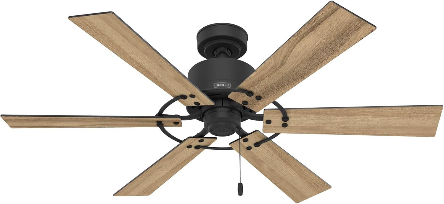 Hunter 52 inch Indoor Ceiling Fan No Light - Black Ceiling Fan without Light, 6 Blades, Standard Mount, For Bedroom, Living Room, or Kitchen, Pull Chain - Gilrock 51817, Matte Black