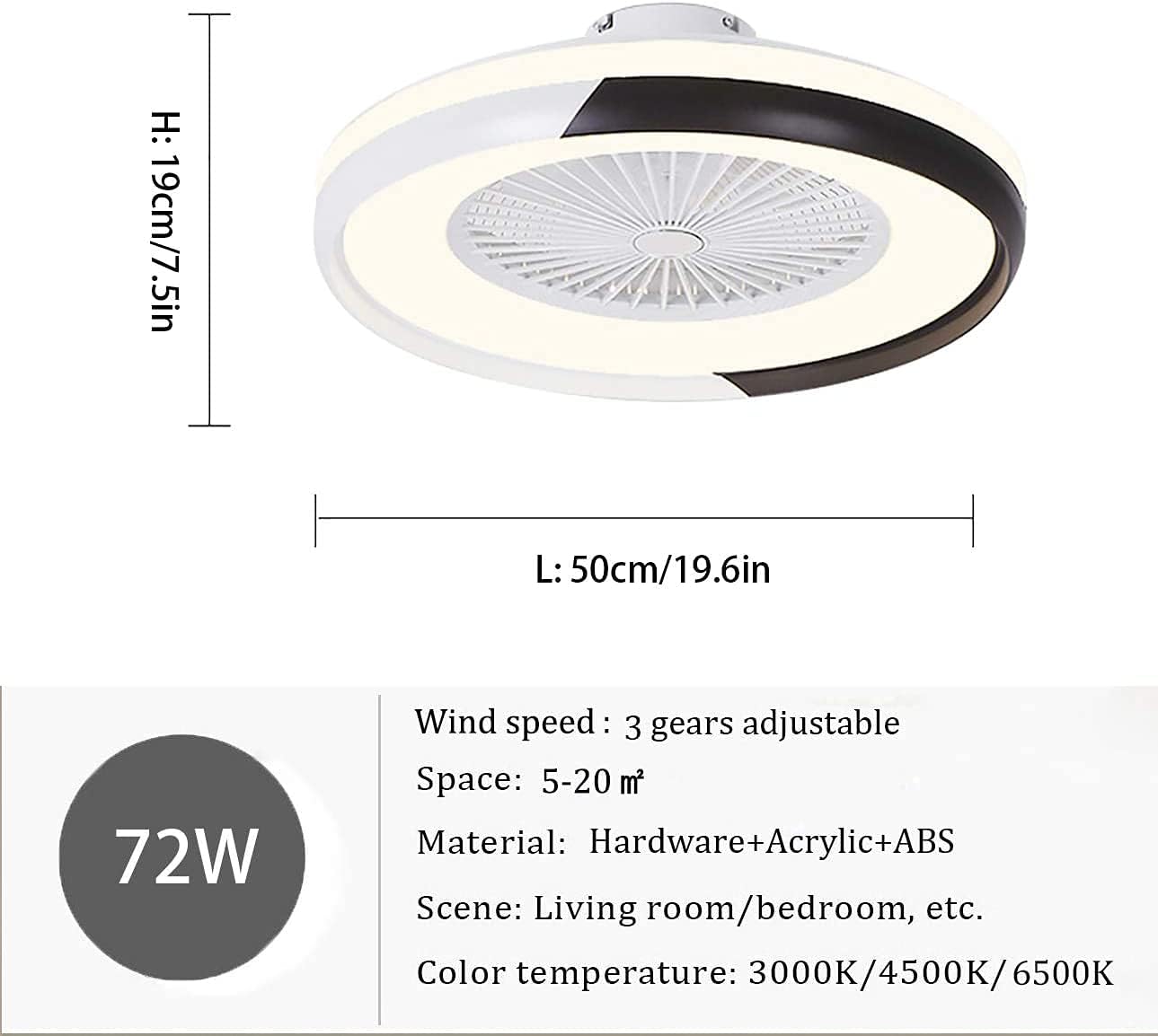 Led Quiet Fan with Ceiling Light and Remote Control 72W Dimmable 3 Speeds Bedroom Ceiling Fan Light with Timer Φ50Cm Modern Living Room Fan Ceiling Light,Gray