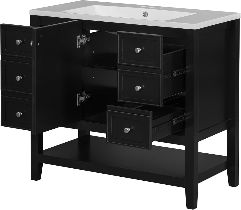 LUMISOL 36' Bathroom Vanity with Sink Combo, Bathroom Vanity Storage Cabinet with 3 Drawers & Open Shelf, Solid Wood Frame Bathroom Cabinet with Ceramic Sink, Black
