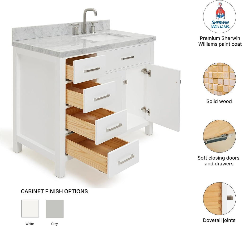 DKB Alenza 42-Inch White Single Bathroom Vanity with Sink, Italian Carrara Marble Countertop, Right Rectangular Undermount Sink, 2 Soft-Closing Doors, 4 Dovetail Drawers, Chrome Hardware