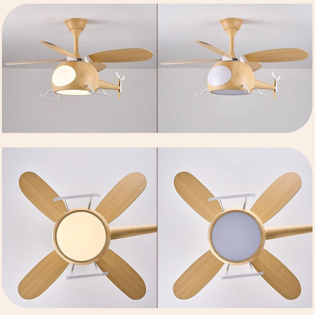 Children's Bedroom Ceiling Fan With Lights,Dimmable Kids Room Cartoon Ceiling Fan Lamp,Helicopter Model Wood Grain Airplane Pendant Light Decoration Fixtures,Remote Control Speed,Hydrographic Printing