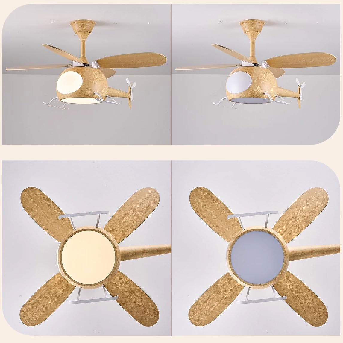 Children's Bedroom Ceiling Fan With Lights,Dimmable Kids Room Cartoon Ceiling Fan Lamp,Helicopter Model Wood Grain Airplane Pendant Light Decoration Fixtures,Remote Control Speed,Hydrographic Printing