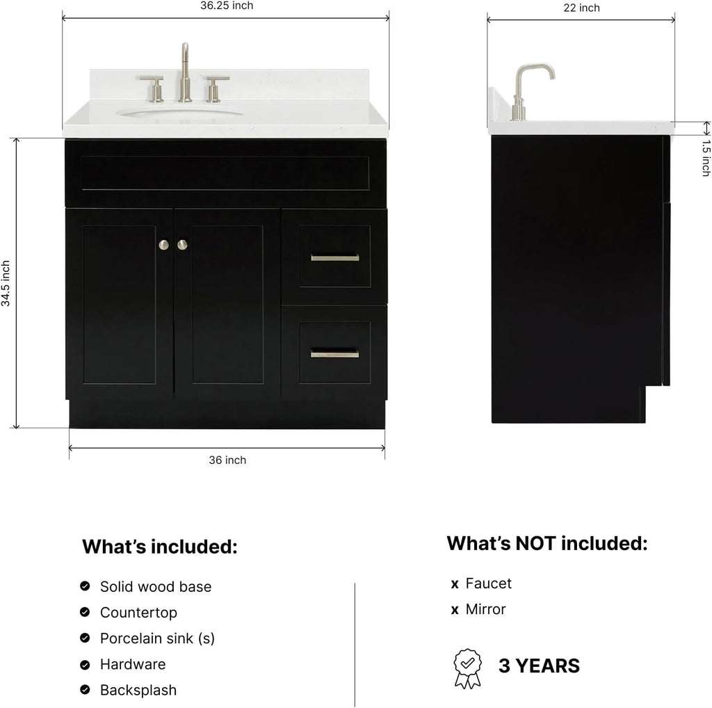 ARIEL Hamlet 36-inch Bathroom Vanity with Sink,Solid Wood, 1.5-inch Carrara White Quartz Countertop & Backsplash, Single Oval Porcelain Sink, 2 Soft Closing Doors, 2 Dovetail Drawers, Black
