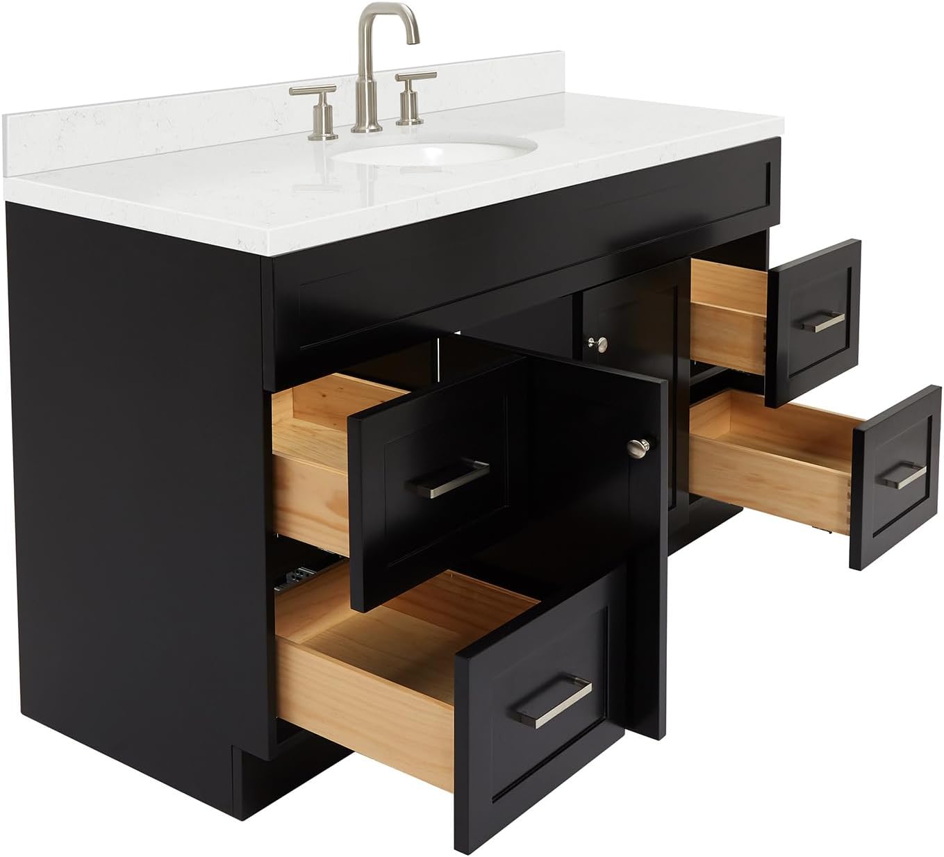 ARIEL Hamlet 60-inch Bathroom Vanity with Sink,Solid Wood, 1.5-inch Carrara White Quartz Countertop & Backsplash, Single Oval Porcelain Sink, 2 Soft Closing Doors, 4 Dovetail Drawers, Black